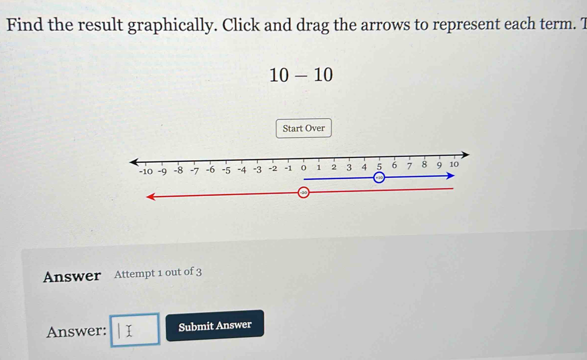 Find the result graphically. Click and drag the arrows to represent each term. T
10-10
Start Over 
Answer Attempt 1 out of 3 
□  
Answer: + ^circ  Submit Answer