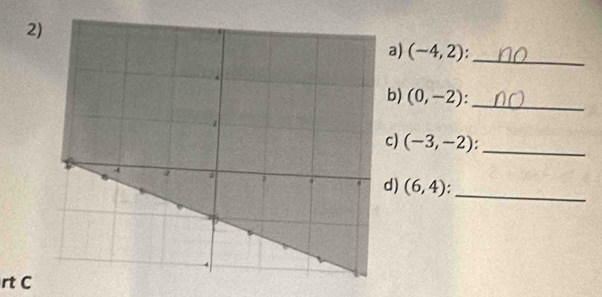 (-4,2) _ 
b) (0,-2) : _ 
c) (-3,-2)._ 
d) (6,4) : _ 
rt C