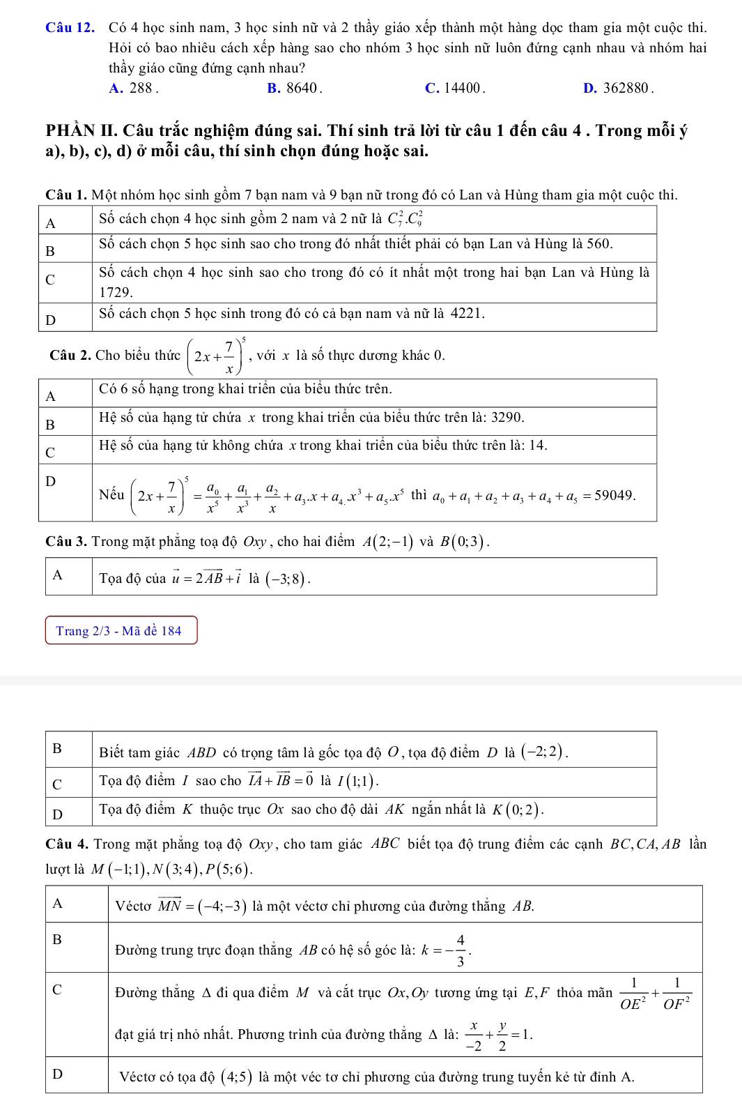 Có 4 học sinh nam, 3 học sinh nữ và 2 thầy giáo xếp thành một hàng dọc tham gia một cuộc thi.
Hỏi có bao nhiêu cách xếp hàng sao cho nhóm 3 học sinh nữ luôn đứng cạnh nhau và nhóm hai
thầy giáo cũng đứng cạnh nhau?
A. 288 . B. 8640 . C. 14400 . D. 362880 .
PHÀN II. Câu trắc nghiệm đúng sai. Thí sinh trả lời từ câu 1 đến câu 4 . Trong mỗi ý
a), b), c), d) ở mỗi câu, thí sinh chọn đúng hoặc sai.
Câu 1. Một nhóm học sinh gồm 7 bạn nam và 9 bạn nữ trong đó có Lan và Hùng tham gia một cuộc thi.
Câu 2. Cho biểu thức (2x+ 7/x )^5 , với x là số thực dương khác 0.
Câu 3. Trong mặt phẳng toạ độ Oxy , cho hai điểm A(2;-1) và B(0;3).
A Tọa độ của vector u=2vector AB+vector i là (-3;8).
Trang 2/3 - Mã đề 184
Câu 4. Trong mặt phẳng toạ độ Oxy, cho tam giác ABC biết tọa độ trung điểm các cạnh BC,CA,AB lần
lượt là M(-1;1),N(3;4),P(5;6).