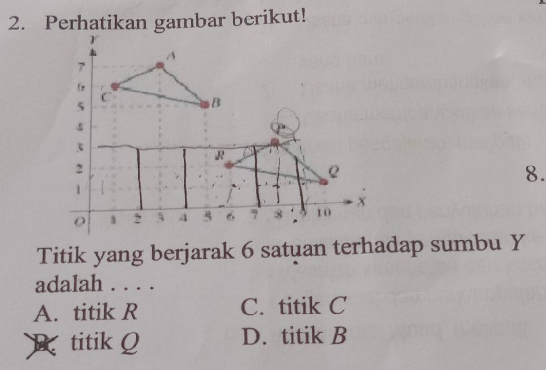 Perhatikan gambar berikut!
8.
Titik yang berjarak 6 satuan terhadap sumbu Y
adalah . . . .
A. titik R C. titik C
X titik Q
D. titik B