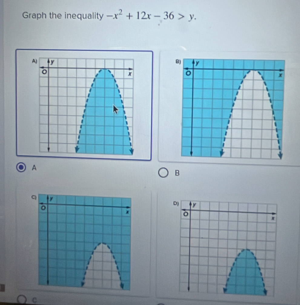 Graph the inequality -x^2+12x-36>y. 
A 
B 
C