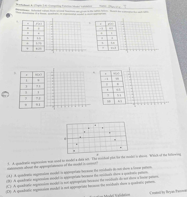 Worksheet A: (Topic 2.6) Competing Function Model Validation Name:
Directions: Selected values from several functions are given in the tables below. Sketch the scatterplot for each table.
Then determine if a linear, quadratic, or exponential model is most appropriate
1.
 
2.
 
 
4.
3.
 
ree n  
5. A quadratic regression was used to model a data set. The residual plot for the model is above. Which of the following
statements about the appropriateness of the model is correct?
(A) A quadratic regression model is appropriate because the residuals do not show a linear pattern.
(B) A quadratic regression model is appropriate because the residuals show a quadratic pattern.
(C) A quadratic regression model is not appropriate because the residuals do not show a linear pattern.
(D) A quadratic regression model is not appropriate because the residuals show a quadratic pattern.
tion   odel  V alidation Created by Bryan Passwat