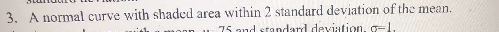 A normal curve with shaded area within 2 standard deviation of the mean. 
and standard deviation. sigma =1.