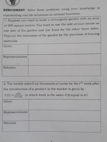 ENRICHMENT. Solve these problems using your knowledge in
l functions.
q