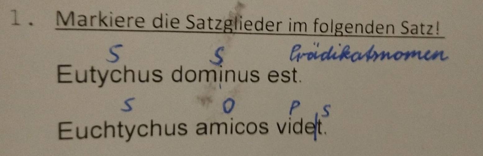 1 . Markiere die Satzglieder im folgenden Satz! 
Eutychus dominus est. 
Euchtychus amicos videt.