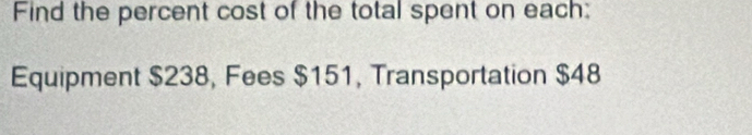 Find the percent cost of the total spent on each: 
Equipment $238, Fees $151, Transportation $48