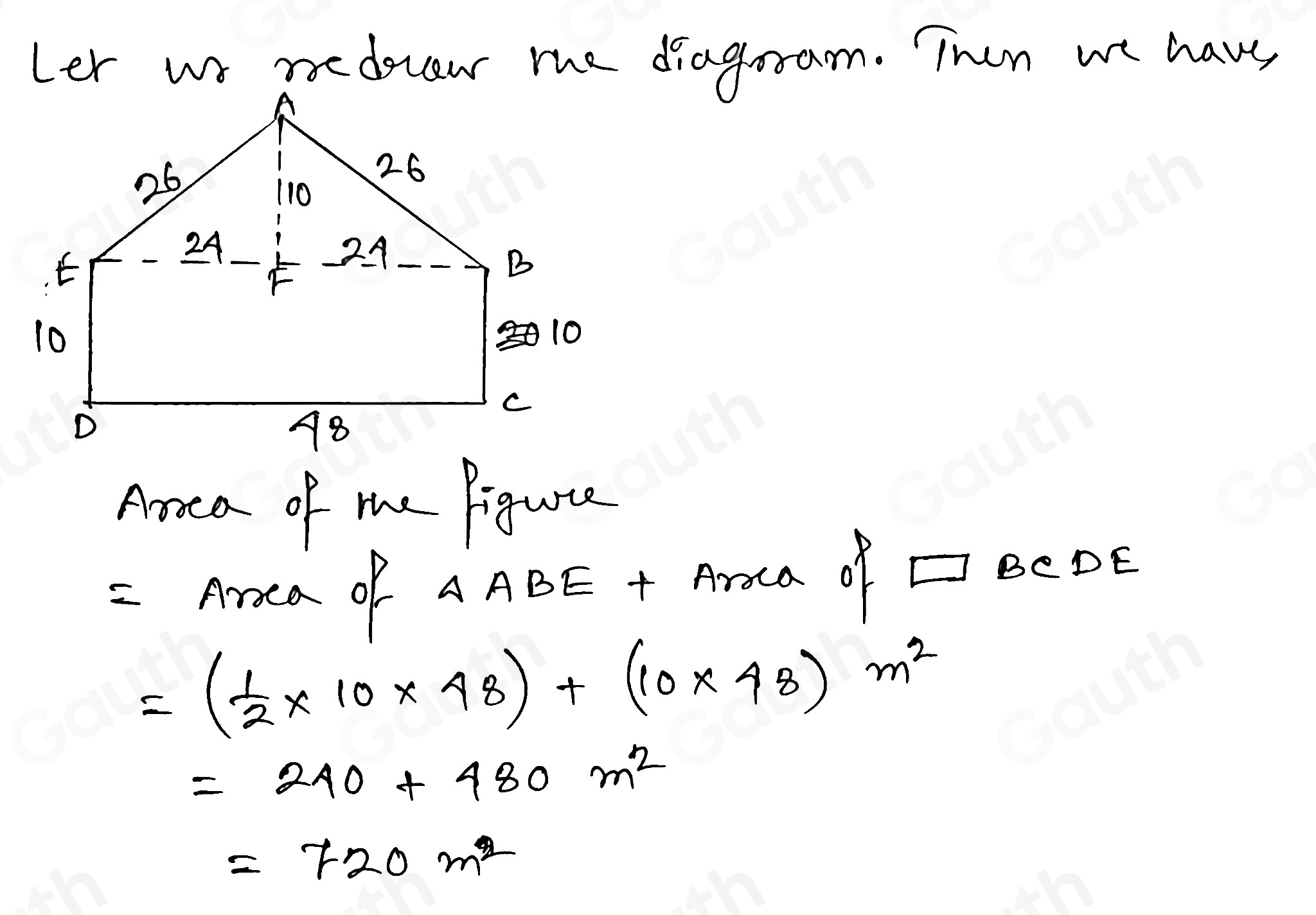 Ler us nedovew the diagoram. Then we have 
Arca of the Pigurte. 
= nroca of △ A ABE + Aroca of □ BCDE
=( 1/2 * 10* 48)+(10* 48)m^2
=240+480m^2
=720m^2