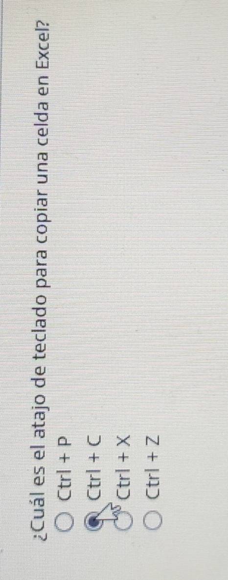 ¿Cuál es el atajo de teclado para copiar una celda en Excel?
Ctrl+P
Ctrl+C
Ctrl+X
Ctrl+Z