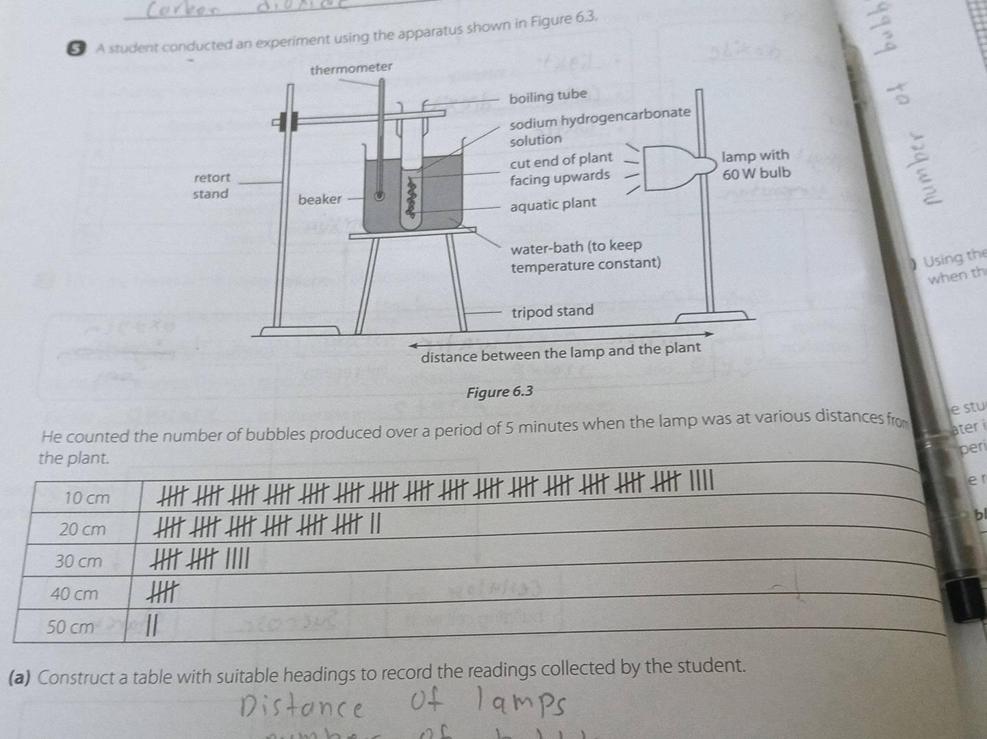 A student conducted an experiment using the apparatus shown in Figure 63. 
_ 
) Using the 
when th 
Figure 6.3 
estu 
He counted the number of bubbles produced over a period of 5 minutes when the lamp was at various distances fro 
ater i 
per 
r 
bl 
(a) Construct a table with suitable headings to record the readings collected by the student.