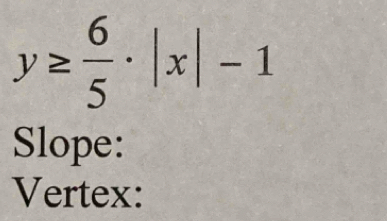 y≥  6/5 · |x|-1
Slope: 
Vertex: