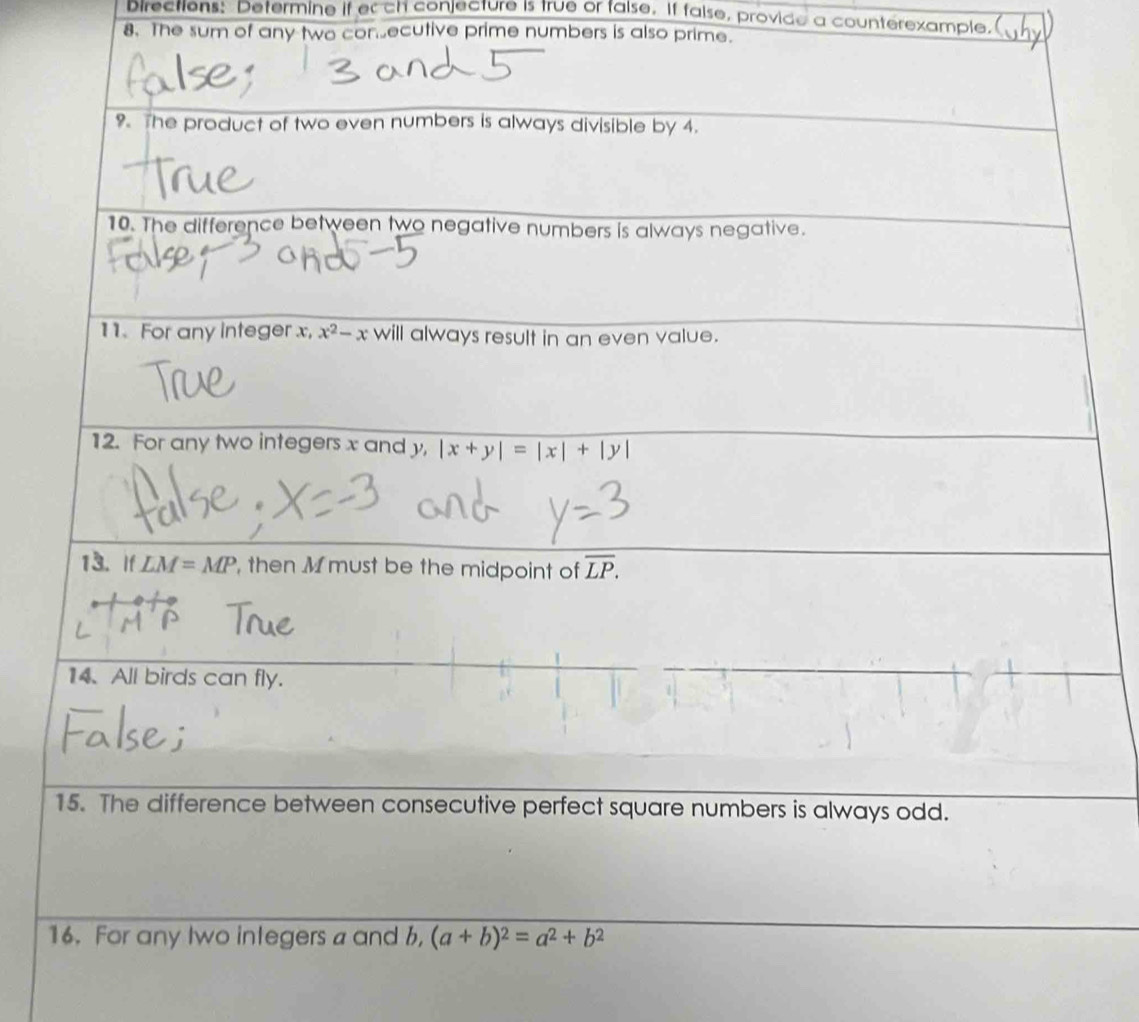 Directions: Determine if ec ch conjecture is true or false. If false, provide a counterexample.(
8. The sum of any two conecutive prime numbers is also prime.
16. For any two integers a and b, (a+b)^2=a^2+b^2