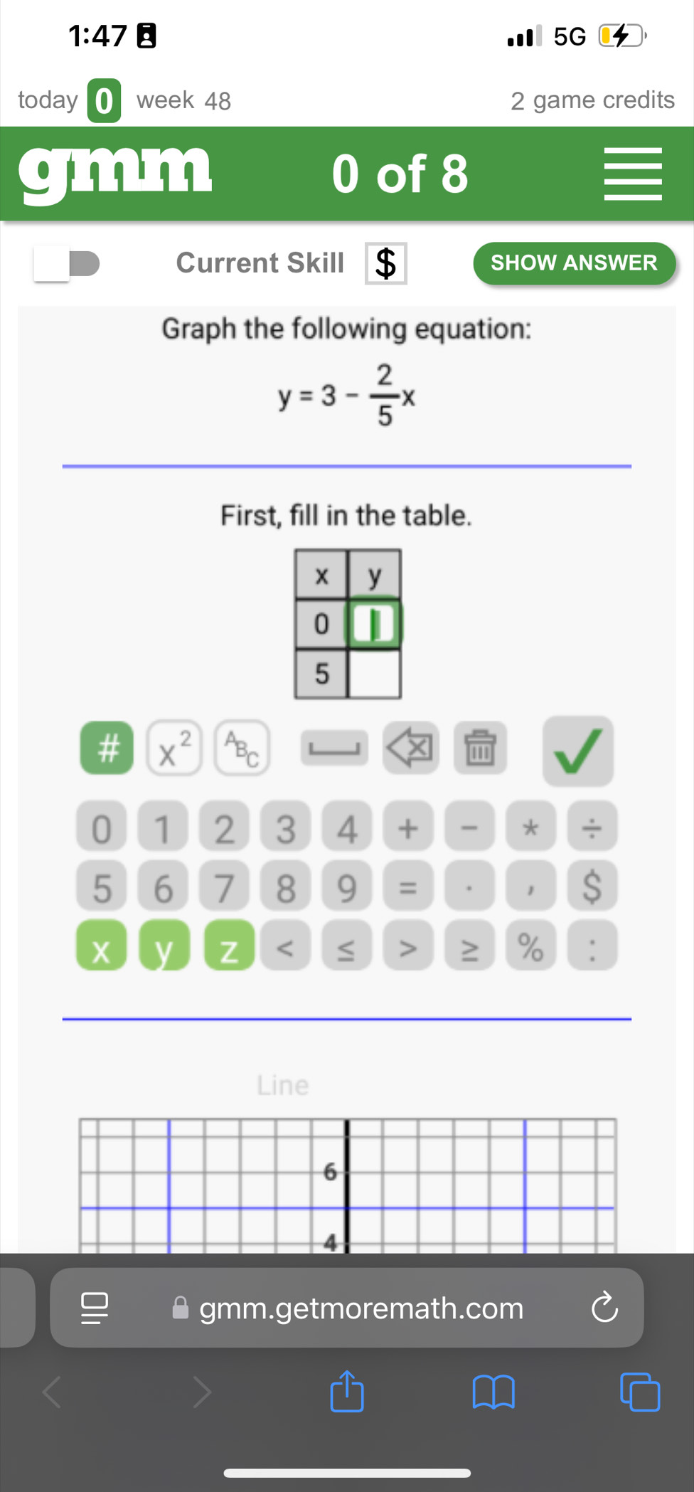 1:47.. 5G
today 0 week 48 2 game credits
gmm 0 of 8
Current Skill $ SHOW ANSWER
Graph the following equation:
y=3- 2/5 x
First, fill in the table.
# X^(2^AB_C) L
0 1 2 3 4 + * ÷
5 6 7 8 9 = . 1 S
y Z ≥ % :
Line
gmm.getmoremath.com