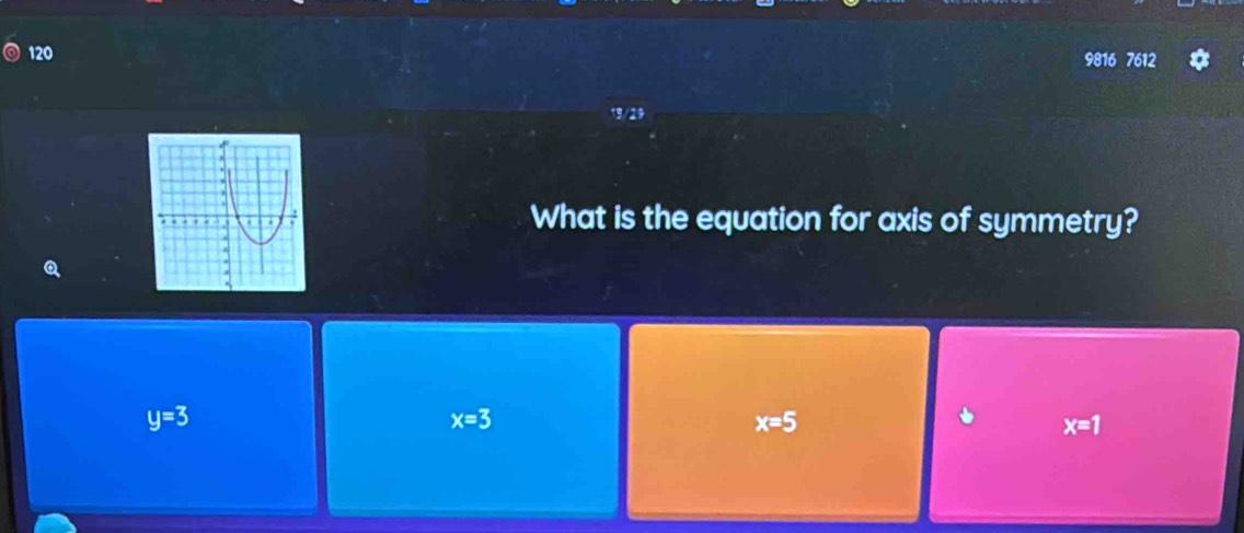 120 9816 7612
What is the equation for axis of symmetry?
y=3
x=3
x=5
x=1