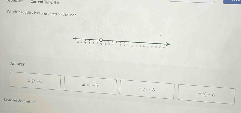 score: 0/5 Current Time: 5.6
Which inequality is represented on the line?
Answer
x≥ -5
x
x>-5
x≤ -5
Keyboard shortcuts