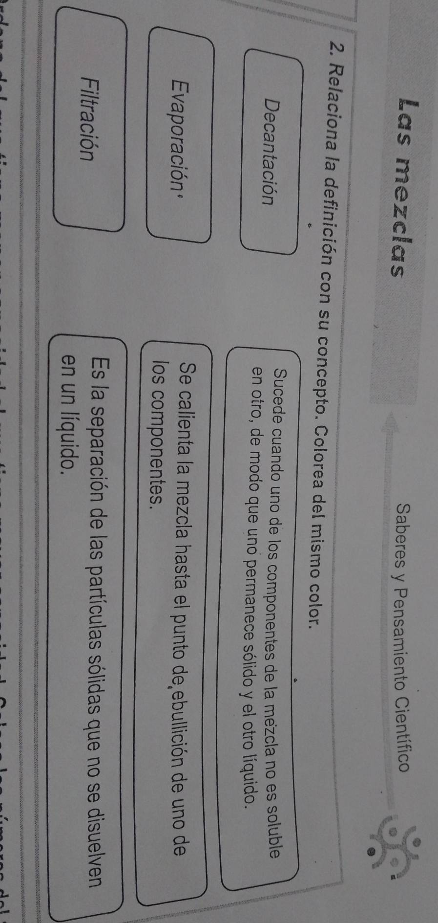 Las mezclas Saberes y Pensamiento Científico
2. Relaciona la definición con su concepto. Colorea del mismo color.
Decantación
Sucede cuando uno de los componentes de la mezcía no es soluble
en otro, de modo que uno permanece sólido y el otro líquido.
Evaporación
Se calienta la mezcla hasta el punto de ebullición de uno de
los componentes.
Filtración
Es la separación de las partículas sólidas que no se disuelven
en un líquido.