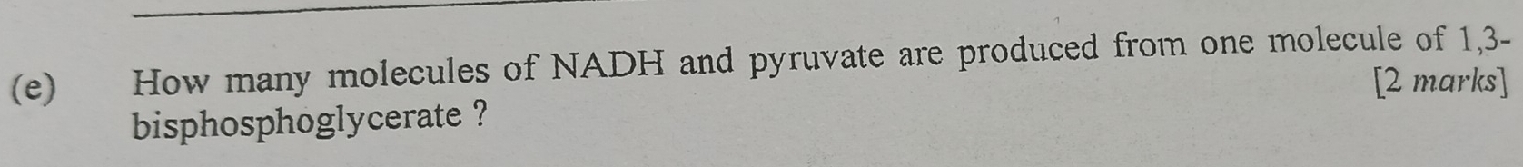 How many molecules of NADH and pyruvate are produced from one molecule of 1,3 - 
[2 marks] 
bisphosphoglycerate ?