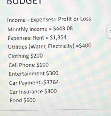 BUDGET 
Income - Expenses= Profit or Loss 
Monthly Income =5443.08
Expenses: Rent =$1,354
Utilities (Water, Electricity) =$400
Clothing $200
Cell Phone $100
Entertainment $300
Car Payment =$3764
Car Insurance $300
Food $600