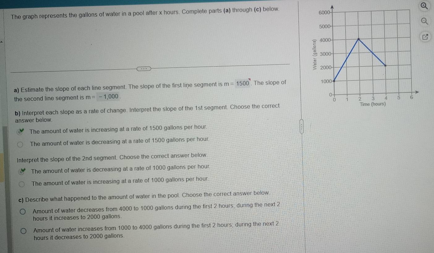 The graph represents the gallons of water in a pool after x hours. Complete parts (a) through (c) below. 
a) Estimate the slope of each line segment. The slope of the first line segment is m=1500. The slope of
the second line segment is m=-1,000. 
b) Interpret each slope as a rate of change. Interpret the slope of the 1st segment. Choose the correct
answer below.
The amount of water is increasing at a rate of 1500 gallons per hour.
The amount of water is decreasing at a rate of 1500 gallons per hour.
Interpret the slope of the 2nd segment. Choose the correct answer below.
The amount of water is decreasing at a rate of 1000 gallons per hour.
The amount of water is increasing at a rate of 1000 gallons per hour.
c) Describe what happened to the amount of water in the pool. Choose the correct answer below.
Amount of water decreases from 4000 to 1000 gallons during the first 2 hours; during the next 2
hours it increases to 2000 gallons.
Amount of water increases from 1000 to 4000 gallons during the first 2 hours; during the next 2
hours it decreases to 2000 gallons.