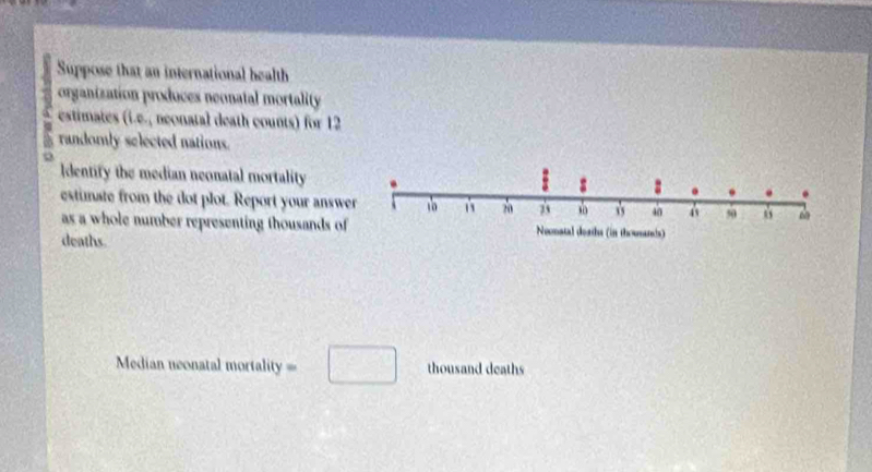 Suppose that an international health
3° organization produces neonatal mortality 
estimates (i.e., neonatal death counts) for 12
randomly selected nations. 
a 
Identify the median neonatal mortality 
estimate from the dot plot. Report your answe 
as a whole number representing thousands of 
deaths. 
=Median neonatal mortality=== □ thousand deaths