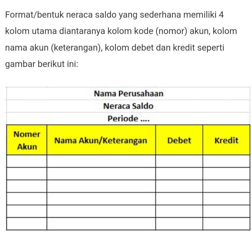 Format/bentuk neraca saldo yang sederhana memiliki 4
kolom utama diantaranya kolom kode (nomor) akun, kolom 
nama akun (keterangan), kolom debet dan kredit seperti 
gambar berikut ini: