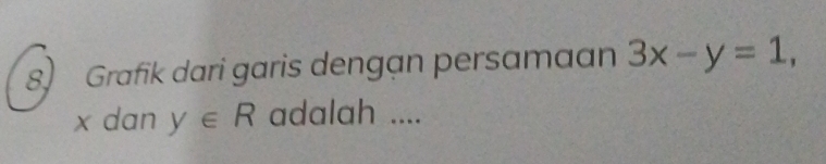 Grafik dari garis dengan persamaan 3x-y=1,
x dan y∈ R adalah ....