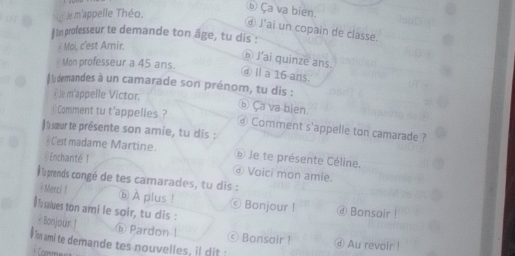 Je m'appelle Théo.
ⓑ Ça va bien.
⊥ J'ai un copain de classe.
# on professeur te demande ton âge, tu dis :
⊥ Moi, c'est Amir.
ⓑ J'ai quinze ans.
⊥Mon professeur a 45 ans.
ⓓ Ⅱa 16 ans.
§ lu demandes à un camarade son prénom, tu dis :
①Je m'appelle Victor.
ⓑ Ça va bien.
@ Comment tu t'appelles ? ⓓ Comment s'appelle ton camarade ?
) nsœur te présente son amie, tu dis :
@C'est madame Martine. ⓑ Je te présente Céline.
@Enchanté !
ⓓ Voici mon amie.
l luprends congé de tes camarades, tu dis :
@Merci ! ⓑ À plus ! © Bonjour ! @ Bonsoir !
●Tusalues ton ami le soir, tu dis :
@Bonjour! ⓑ Pardon 1 © Bonsoir ! @ Au revoir !
0 Ton ami te demande tes nouvelles, il dit ;