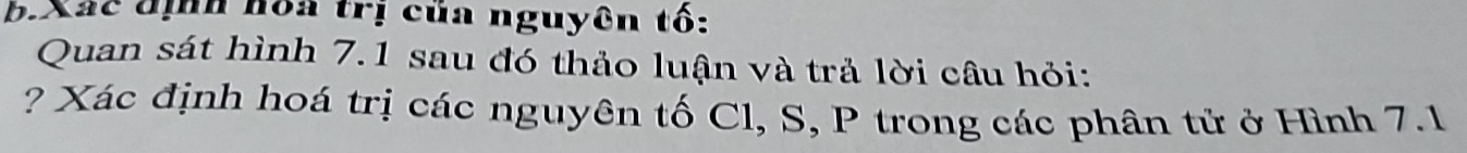 Xác định hoa trị của nguyên tố: 
Quan sát hình 7.1 sau đó thảo luận và trả lời câu hỏi: 
? Xác định hoá trị các nguyên tố Cl, S, P trong các phân tử ở Hình 7.1