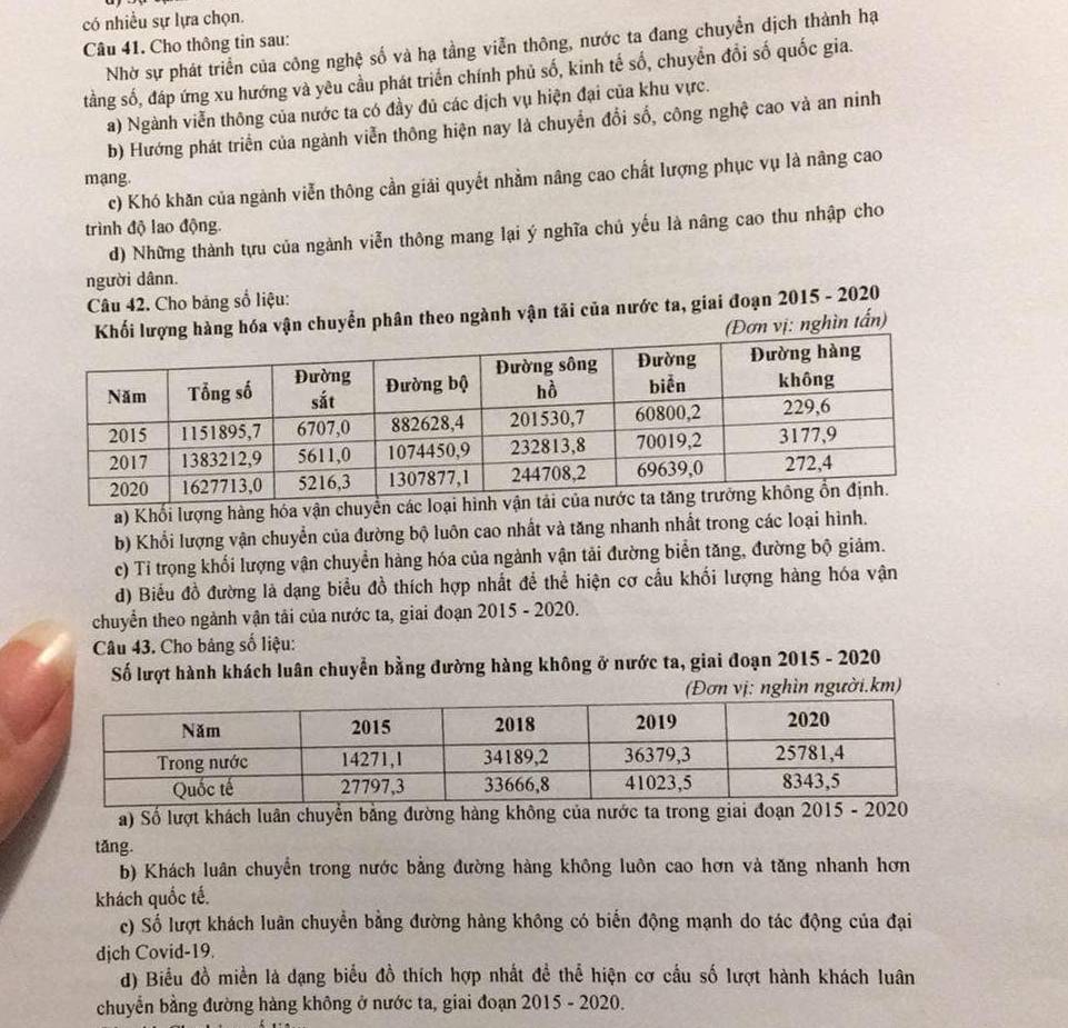 có nhiều sự lựa chọn.
Nhờ sự phát triển của công nghệ số và hạ tầng viễn thông, nước ta đang chuyển dịch thành hạ
Câu 41. Cho thông tin sau:
tầng số, đáp ứng xu hướng và yêu cầu phát triển chính phủ số, kinh tế số, chuyển đổi số quốc gia.
a) Ngành viễn thông của nước ta có đầy đủ các địch vụ hiện đại của khu vực.
b) Hướng phát triển của ngành viễn thông hiện nay là chuyển đổi số, công nghệ cao và an ninh
mang. c) Khó khăn của ngành viễn thông cần giải quyết nhằm nâng cao chất lượng phục vụ là nâng cao
trình độ lao động.
d) Những thành tựu của ngành viễn thông mang lại ý nghĩa chủ yếu là nâng cao thu nhập cho
người dânn.
Câu 42. Cho bảng số liệu:
Khối lượng hàng hóa vận chuyển phân theo ngành vận tải của nước ta, giai đoạn 2015 - 2020
(Đơn vị: nghìn tấn)
a) Khối lượng hàng hóa vận chuyển c
b) Khổi lượng vận chuyển của đường bộ luôn cao nhất và tăng nhanh nhất trong các loại hình.
c) Tỉ trọng khối lượng vận chuyển hàng hóa của ngành vận tải đường biển tăng, đường bộ giảm.
d) Biểu đồ đường là dạng biểu đồ thích hợp nhất để thể hiện cơ cầu khối lượng hàng hóa vận
chuyển theo ngành vận tải của nước ta, giai đoạn 2015 - 2020.
Câu 43. Cho bảng số liệu:
Số lượt hành khách luân chuyển bằng đường hàng không ở nước ta, giai đoạn 2015 - 2020
(Đơn vị: nghìn người.km)
a) Số lượt khách luân chuyển bằng đường hàng không của nước ta trong giai đoạn 
tǎng.
b) Khách luân chuyển trong nước bằng đường hàng không luôn cao hơn và tăng nhanh hơn
khách quốc tế.
c) Số lượt khách luân chuyển bằng đường hàng không có biến động mạnh do tác động của đại
djch Covid-19.
d) Biểu đồ miền là dạng biểu đồ thích hợp nhất đề thể hiện cơ cầu số lượt hành khách luân
chuyển bằng đường hàng không ở nước ta, giai đoạn 2015 - 2020.