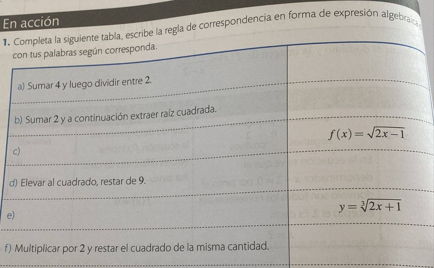 En acción
1.la de correspondencia en forma de expresión algebraica,
d
e
f)