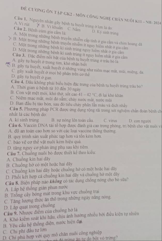 Để CươnG ÔN tập GK2 - MÔN CônG ngHệ chăn nuôi K11 - NH: 2024
Câu 1. Nguyên nhân gây bệnh tụ huyết trùng ở lợn là do:
A Vi rùt X B. Vi khuẩn C. Năm D. Kỷ sinh trùng
Câu 2. Bệnh cúm gia cầm là:
A. Một trong những bệnh truyền nhiễm cấp tính ở gia cầm và chim hoang dã
B. Một trong những bệnh truyền nhiễm ít nguy hiểm nhất ở gia cầm
C. Một trong những bệnh ki sinh trùng nguy hiểm nhất ở gia cầm
D. Một trong những bệnh kí sinh trùng it nguy hiểm nhất ở gia cầm
Câu 3. Đặc điểm nổi bật của bệnh tụ huyết trùng ở trâu bò là
A. gây tụ huyết ở trong tim, khỏ nhận biết
A B. gây tụ huyết, xuất huyết ở những vùng như niêm mạc mắt, mũi, miệng, da.
C. gây xuất huyết ở mọi bộ phân trên cơ thể
D. gây tụ huyết ở gan
Câu 4. Đầu không phải biểu hiện đặc trưng của bệnh tụ huyệt trùng trâu bò?
A. Thời gian ủ bệnh từ 10 đến 30 ngày
B. Con vật mệt mỏi, khó thở, sốt cao 41-42°C , đi lại khó khǎn
C. Niêm mạc mắt, mũi đỏ sẩm; chảy nước mắt, nước mũi
D. Ban đầu bị táo bón, sau đó tiêu chảy phân lẫn màu và dịch nhây
Câu 5. Phương pháp PCR được ứng dụng rộng rãi trong xét nghiệm chẩn đoán bệnh ch
nhất là các bệnh do:
A. kí sinh trùng B. sự nóng lên toàn cầu. C. virus D. con người
Câu 6. Vaccin DNA tái tô hợp được đánh giá cao trong phòng, trị bệnh cho vật nuôi vì
A. độ an toàn cao hơn so với các loại vaccine thông thường.
B. quy trinh sản xuất phức tạp hơn và tồn kém hơn.
C. bảo vệ cơ thể vật nuôi kém hiệu quả
D. tăng nguy cơ phản ứng phụ sau khi tiêm.
Câu 7. Chuông nuôi bò được thiết kể theo kiểu:
A. Chuồng kin hai dãy
B. Chuồng hở có một hoặc hai dãy
C. Chuồng kin hai dãy hoặc chuồng hở có một hoặc hai dãy
D. Phối kết hợp cả chuồng kín hai dãy và chuồng hở một dãy
Câu 8. Biện pháp nào không có tác dụng chồng nóng cho bỏ sữa?
A. Lãp hệ thông giàn phun nước
B. Trồng cây bóng mát trong khu vực chuồng trại
C. Tăng lượng thức ăn thô trong những ngày năng nóng
D. Lắp quạt trong chuông
Câu 9. Nhược điểm của chuồng hở là
A. Khó kiểm soát khi hậu, chịu ánh hưởng nhiều bởi điều kiện tự nhiên
B. Yêu cầu hệ thống điện, nước hiện đai.
C. Chi phi đầu tư lớn
D. Chỉ phù hợp với quy mô chăn nuôi công nghiệp
t  đ  đề trứng ăn tự do bột vỏ trừng?