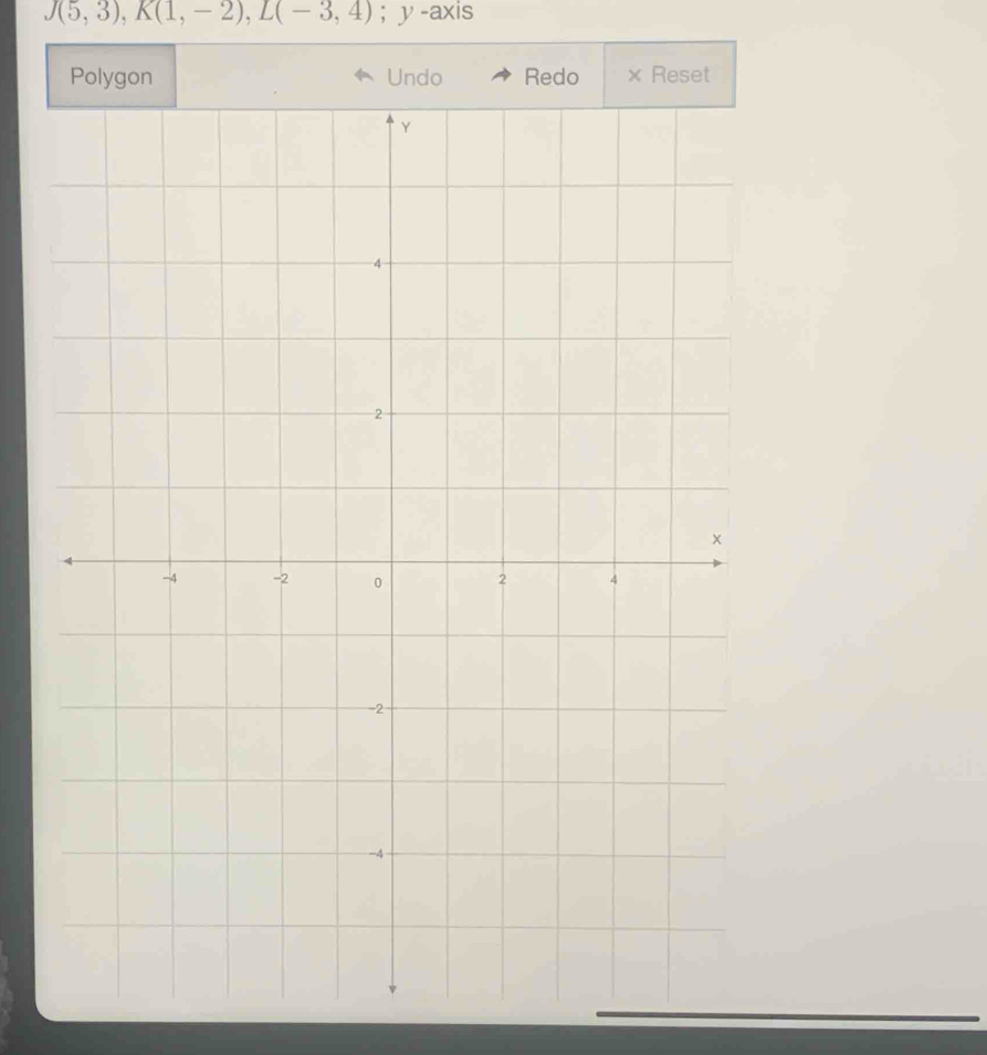 J(5,3), K(1,-2), L(-3,4) ； y -axis 
Polygon Undo Redo × Reset