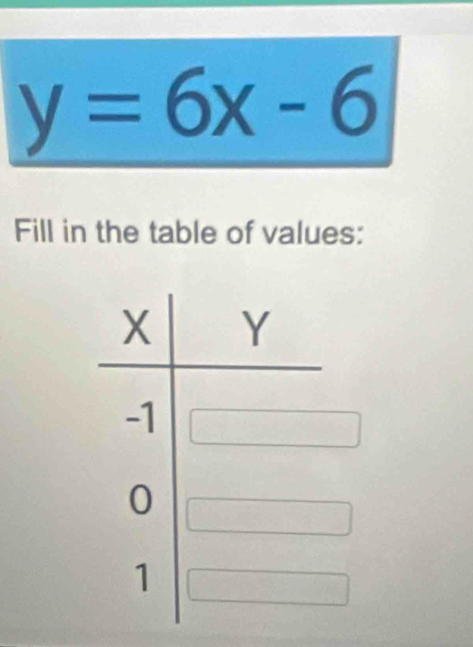 y=6x-6
Fill in the table of values: