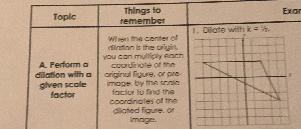 Things to Exar 
Topic 
remember 
1. Dilate with k=1/2. 
When the center of 
dilation is the origin. 
you can multiply each 
A. Perform a coordinate of the 
dilation with a original figure, or pre- 
given scale image, by the scale 
factor factor to find the 
coordinates of the 
dilated figure, or 
image.