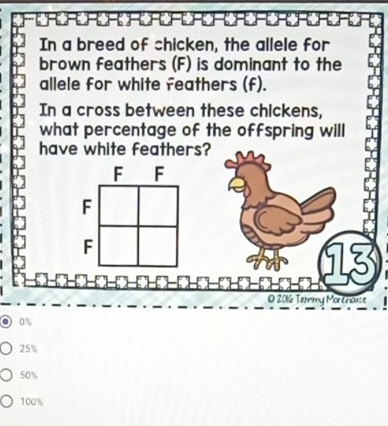 In a breed of shicken, the allele for
brown feathers (F) is dominant to the
allele for white feathers (f).
In a cross between these chickens,
what percentage of the offspring will
have white feathers?
0%
25%
50%
100%