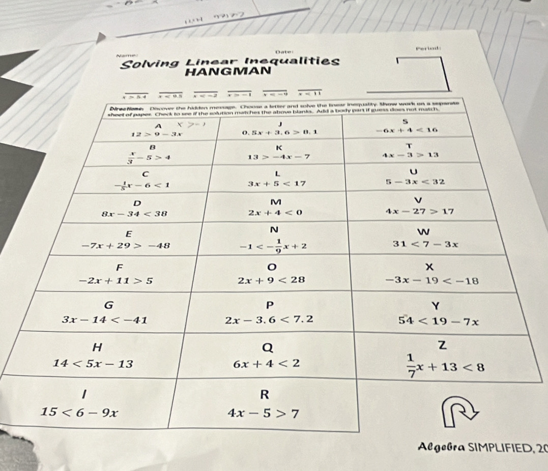 Name Date Perlod:
Solving Linear Inequalities
HANGMAN
Algebra SIMPLIFIED, 20