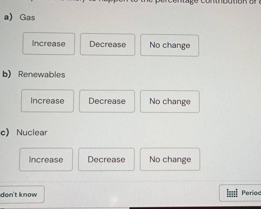 Gas
Increase Decrease No change
b) Renewables
Increase Decrease No change
c) Nuclear
Increase Decrease No change
don't know Period