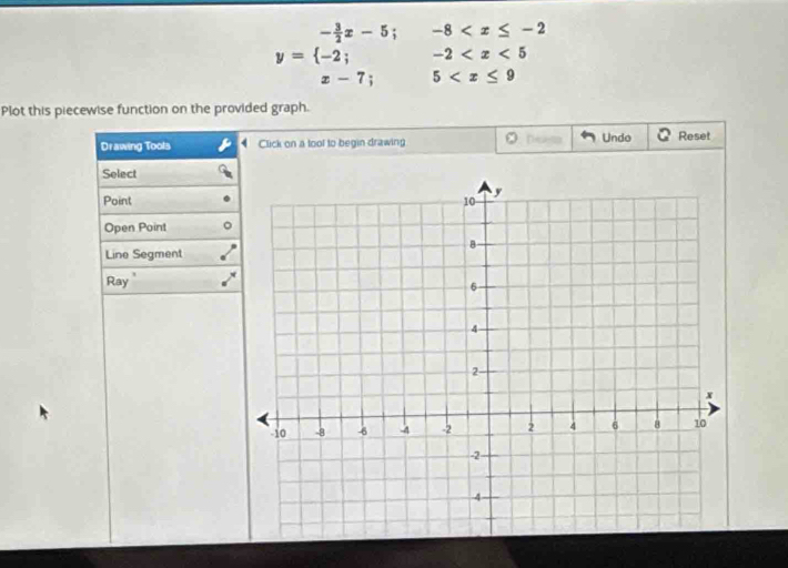 y=beginarrayl - 3/2 x-5;-8
Plot this piecewise function on the provided graph. 
Drawing Tools Click on a tool to begin drawing Dess Undo Reset 
Select 
Point 
Open Point 
Line Segment 
Ray