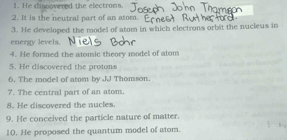 He discovered the electrons. 
2. It is the neutral part of an atom. 
3. He developed the model of atom in which electrons orbit the nucleus in 
energy levels. 
4. He formed the atomic theory model of atom 
5. He discovered the protons 
6. The model of atom by JJ Thomson. 
7. The central part of an atom. 
8. He discovered the nucles. 
9. He conceived the particle nature of matter. 
10. He proposed the quantum model of atom.