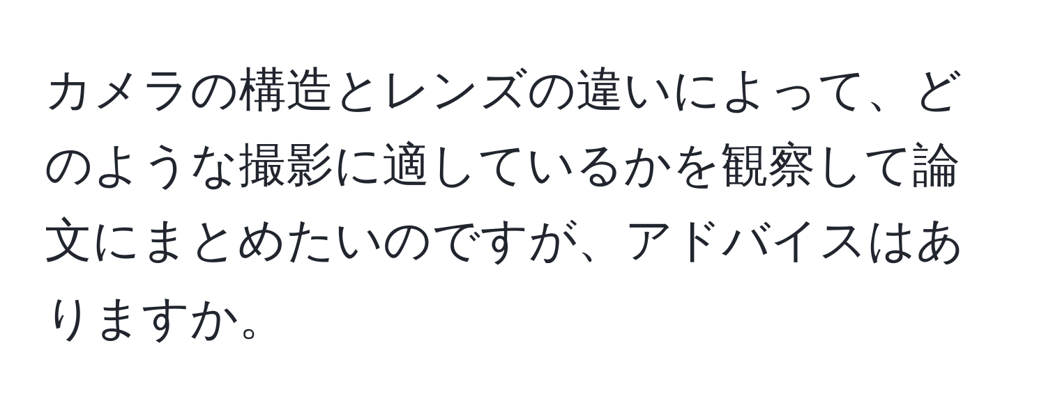 カメラの構造とレンズの違いによって、どのような撮影に適しているかを観察して論文にまとめたいのですが、アドバイスはありますか。