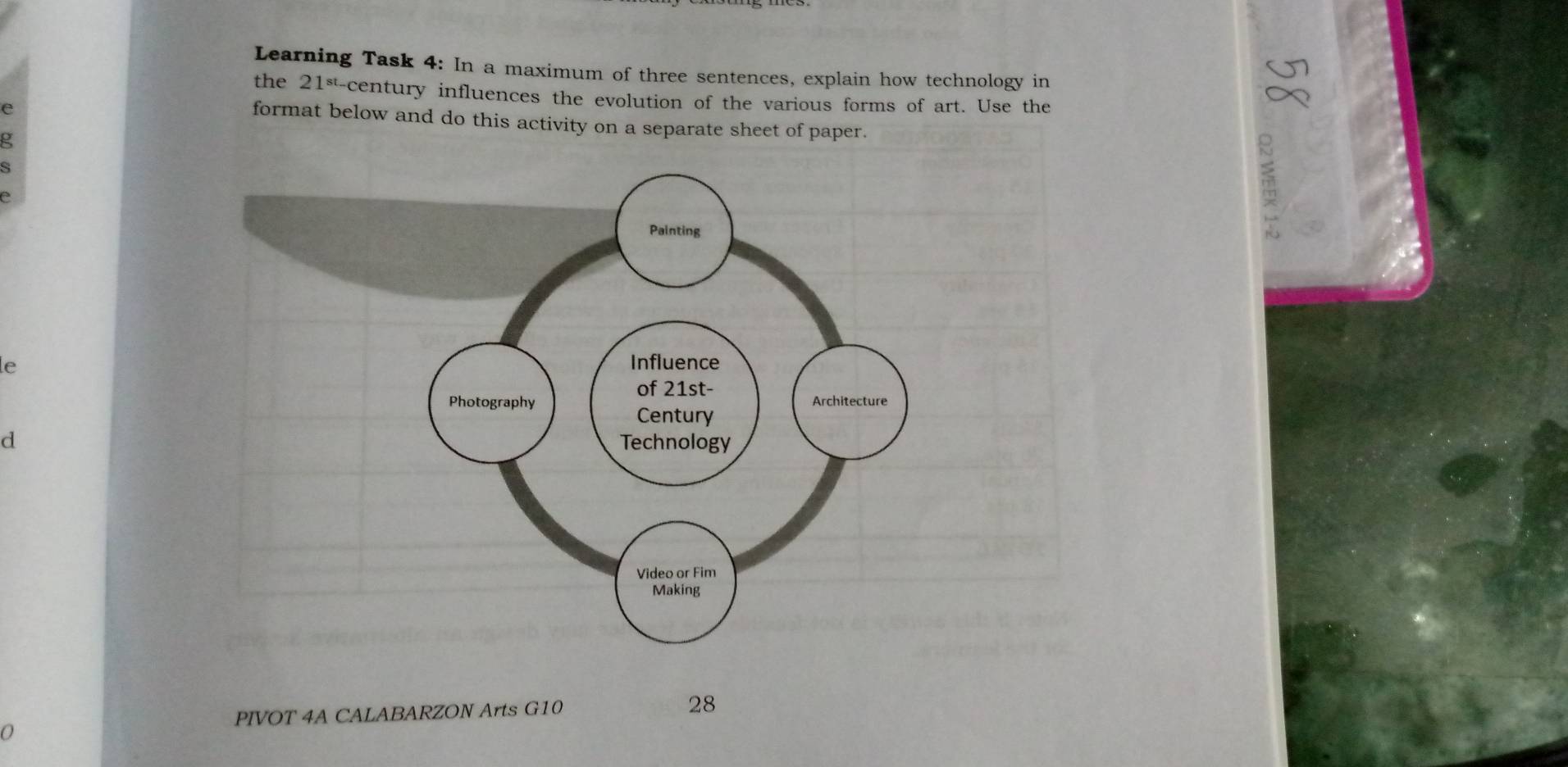 Learning Task 4: In a maximum of three sentences, explain how technology in 
the 21^(st)- century influences the evolution of the various forms of art. Use the 
e 
format below and do this activity on a separate sheet of paper. 
le 
d 
PIVOT 4A CALABARZON Arts G10 
28