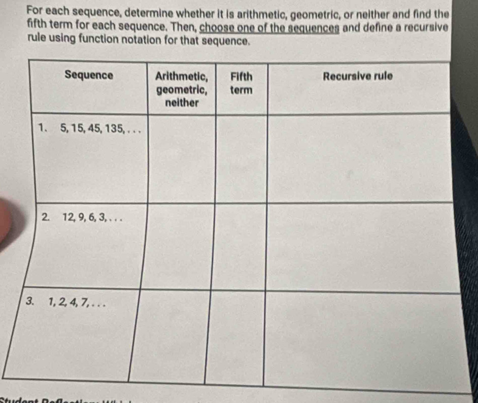 For each sequence, determine whether it is arithmetic, geometric, or neither and find the 
fifth term for each sequence. Then, choose one of the sequences and define a recursive 
rule using function notation for that sequence.