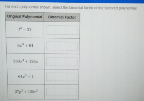 For each polynomial shown, select the binomial factor of the factored polynomial.