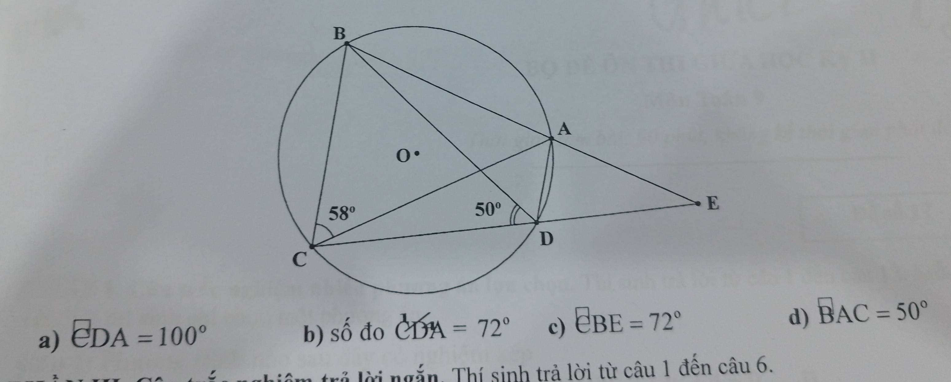 a) CDA=100° b) Shat O đo CDA =72° c) EBE=72°
d) BAC=50°
l i ng n. Thí sinh trả lời từ câu 1 đến câu 6.