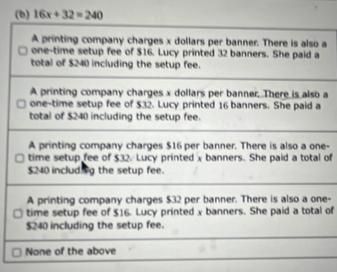 16x+32=240
a 
a 
e- 
of 
e- 
of