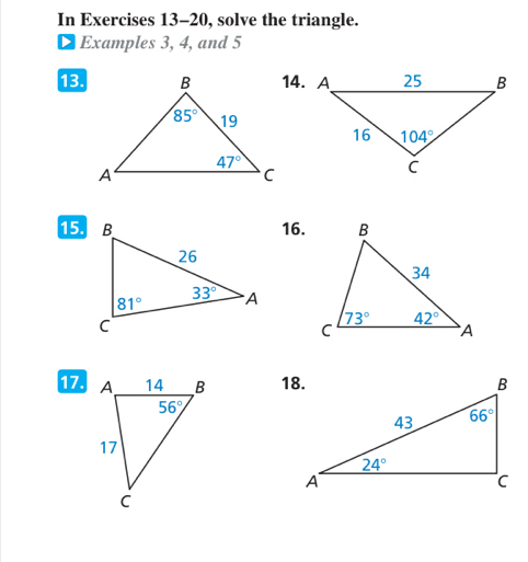 Solved: In Exercises 13-20, solve the triangle. ¤ Examples 3, 4, and 5 ...