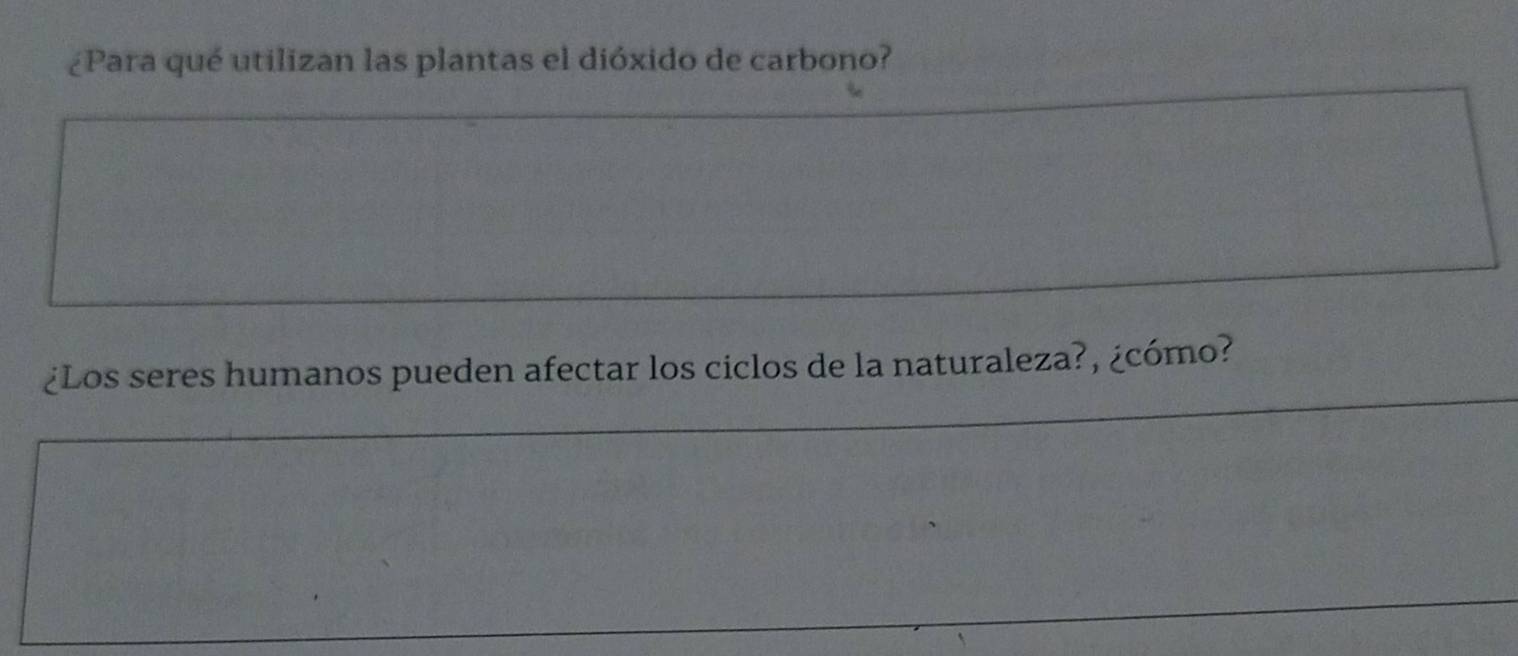 ¿Para qué utilizan las plantas el dióxido de carbono? 
¿Los seres humanos pueden afectar los ciclos de la naturaleza?, ¿cómo?