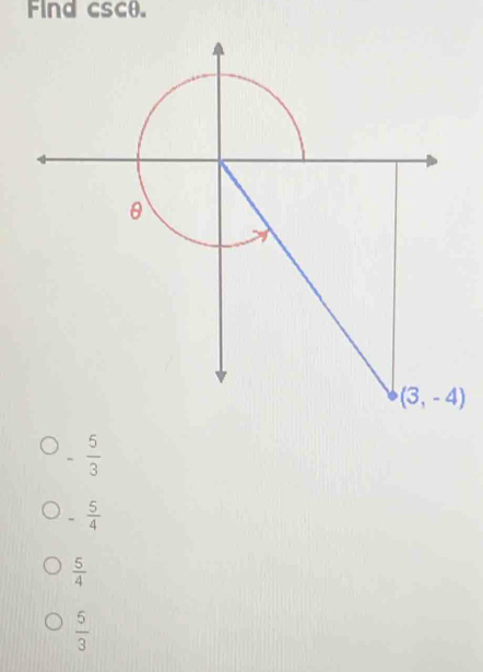 Find cscθ.
=  5/3 
- 5/4 
 5/4 
 5/3 