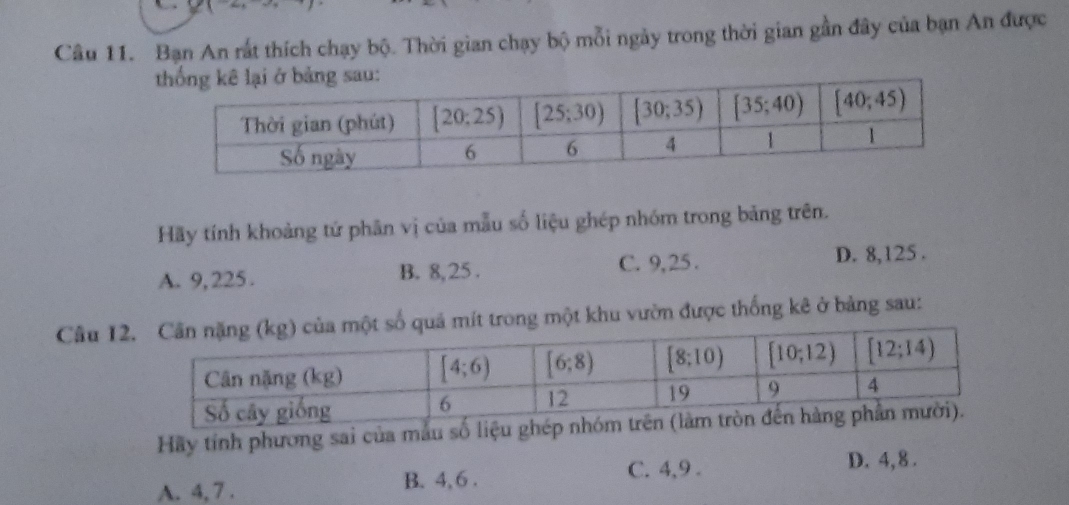 Bạn An rắt thích chạy bộ. Thời gian chạy bộ mỗi ngày trong thời gian gần đây của bạn An được
Hãy tính khoảng tứ phân vị của mẫu số liệu ghép nhóm trong bảng trên.
A. 9, 225. B. 8,25 . C. 9,25. D. 8,125 .
Câu 12ít trong một khu vườn được thống kê ở bảng sau:
Hãy tính phương sai của mẫu số liệu ghép
C. 4,9 . D. 4, 8 .
A. 4, 7 . B. 4, 6 .