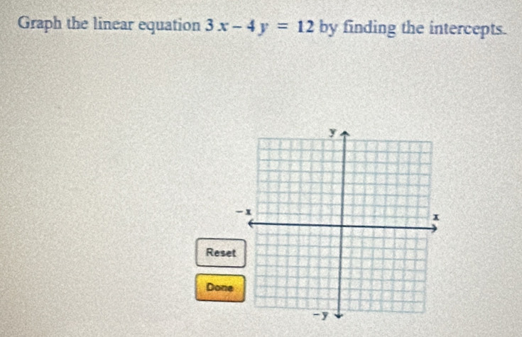 Graph the linear equation 3x-4y=12 by finding the intercepts. 
Rese 
Done