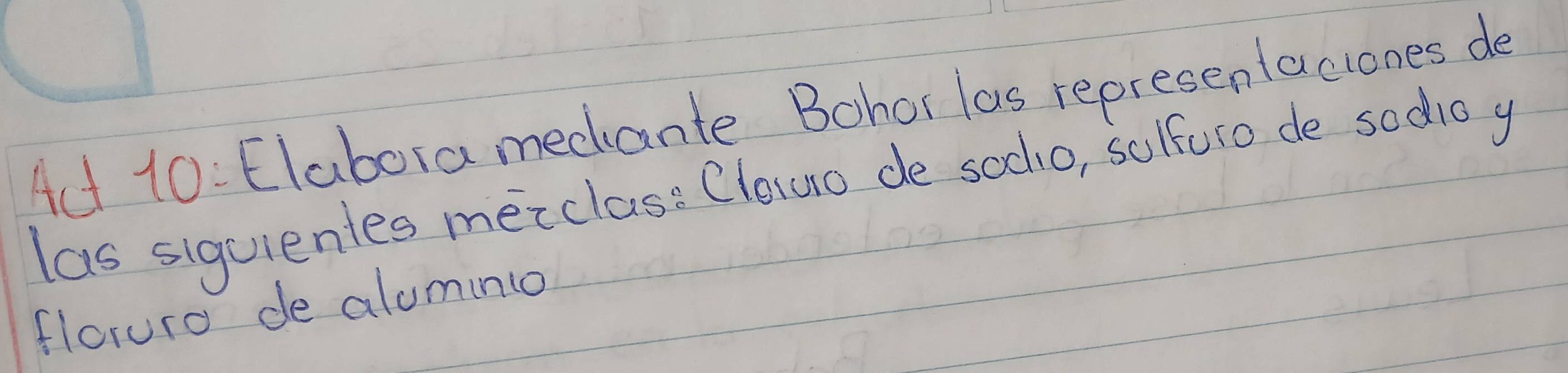 Ad 10: Elabora medante Bohor las representaciones de 
las siguientes mecclase Cleturo de socho, solfuro de sodioy 
floruro de aluminio